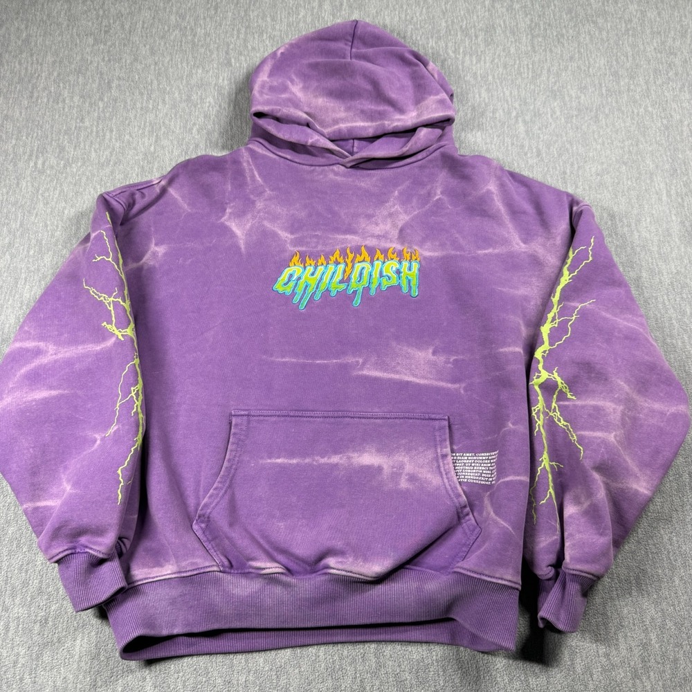 Childish Hoodie Men Medium Purple Acid Wash Graphic Lightning Pullover Sweatshi